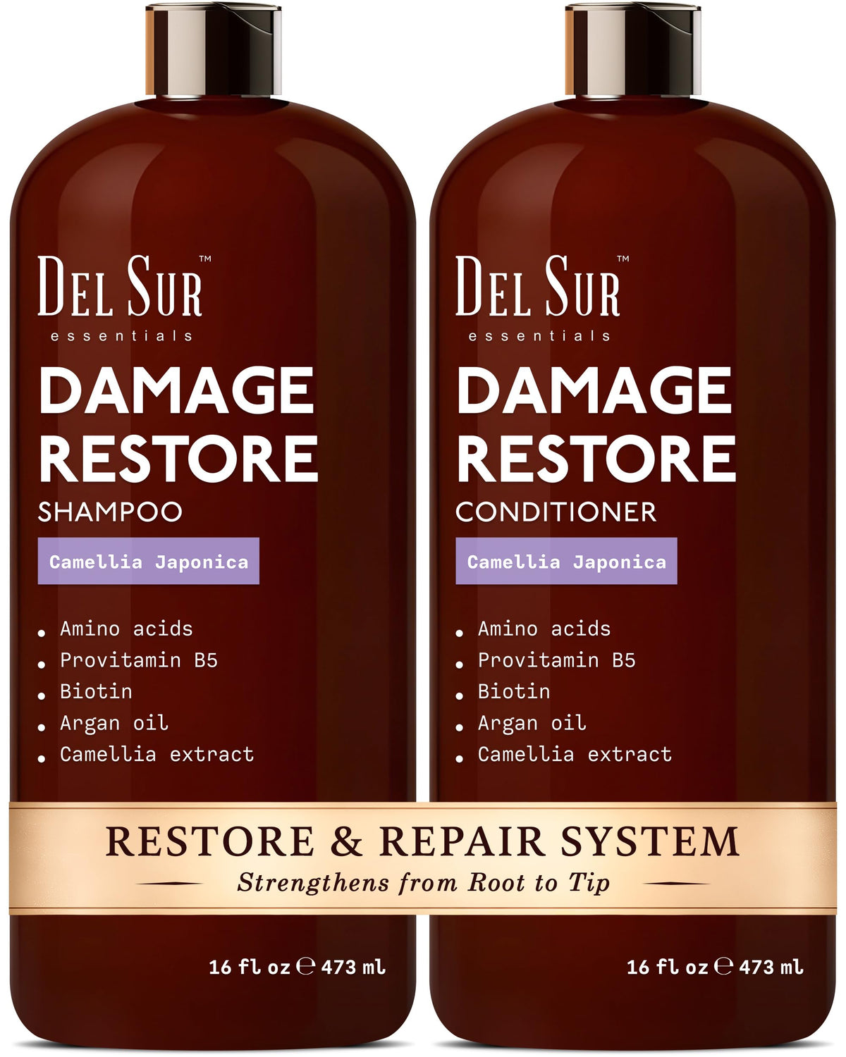 Shampooing réparateur DEL SUR en bouteille, douceur durable.