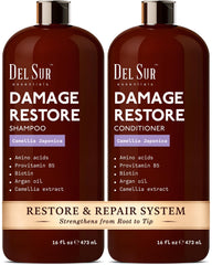 Shampooing réparateur DEL SUR en bouteille, douceur durable.