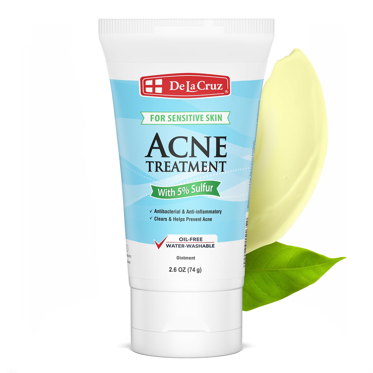 Pommade au soufre De La Cruz pour visage et corps, cible les imperfections visibles.