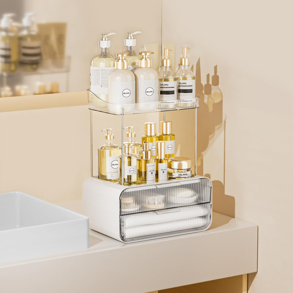 Delamu-ensemble-rangement-cosmetiques-essentiels-acrylique: solution tout-en-un pour vanité.