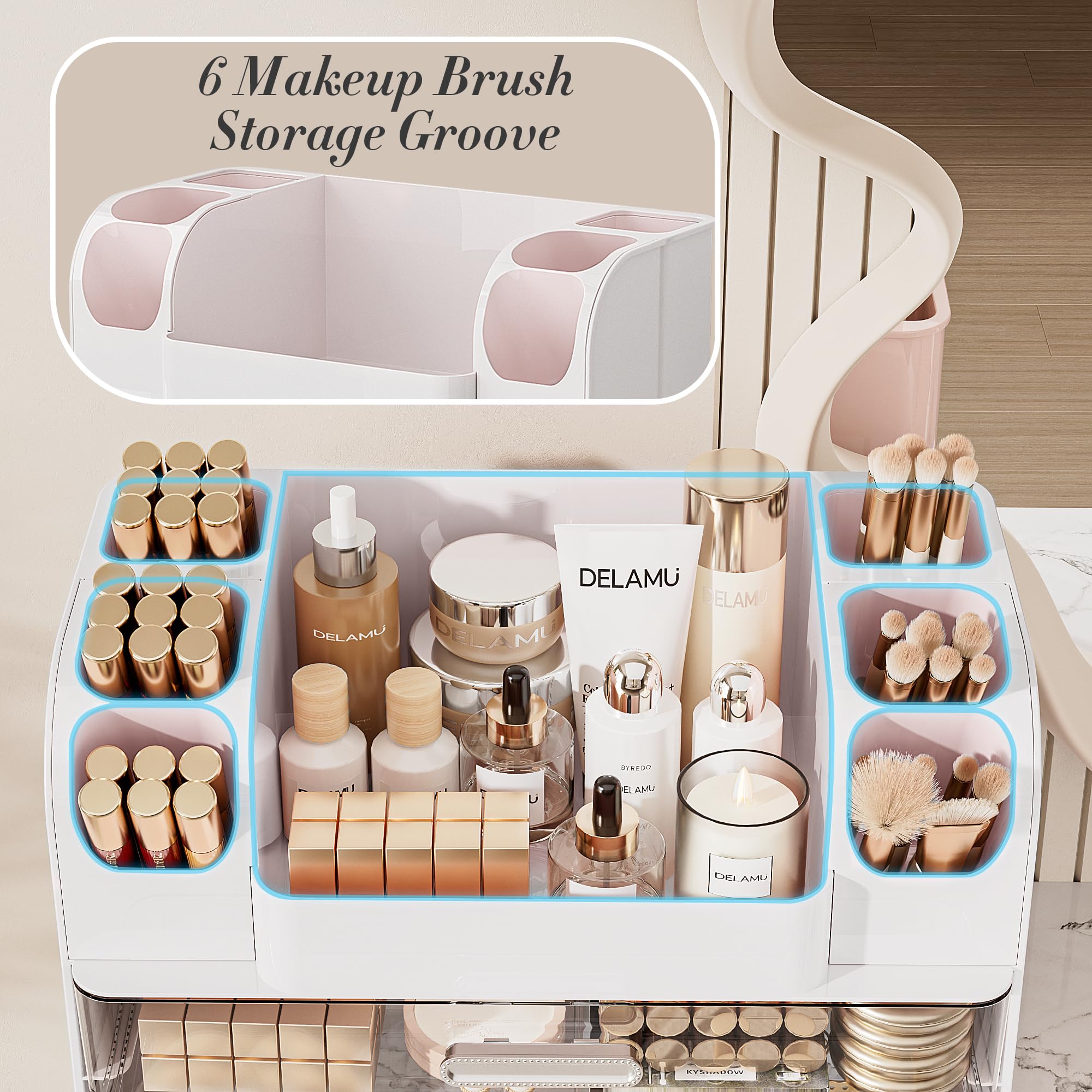 Delamu Organisateur Maquillage design élégant blanc et rose adapté déco