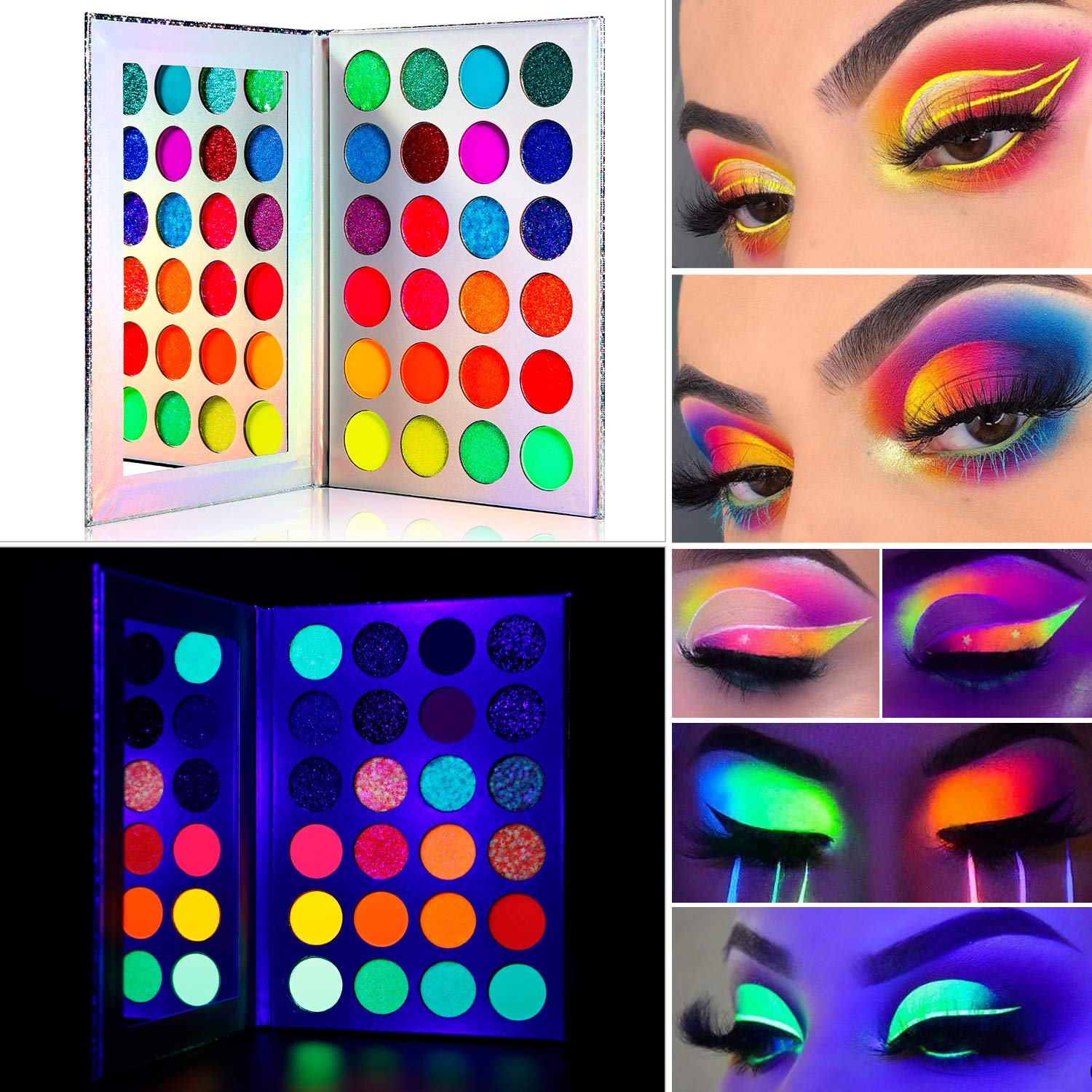 DE'LANCI Aurora Glow palette, paillettes visibles sous noir lumière pour effets scintillants.
