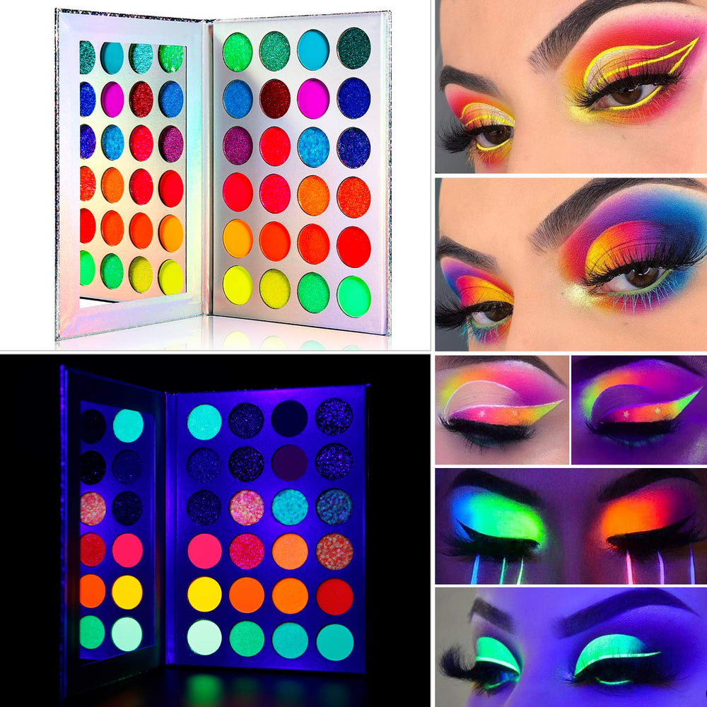 DE'LANCI Aurora Glow palette, paillettes visibles sous noir lumière pour effets scintillants.