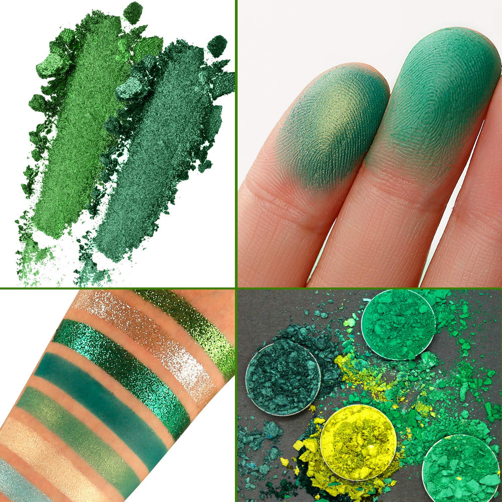 Zoom sur fards verts mats DE'LANCI pour un fini velouté et modulable.
