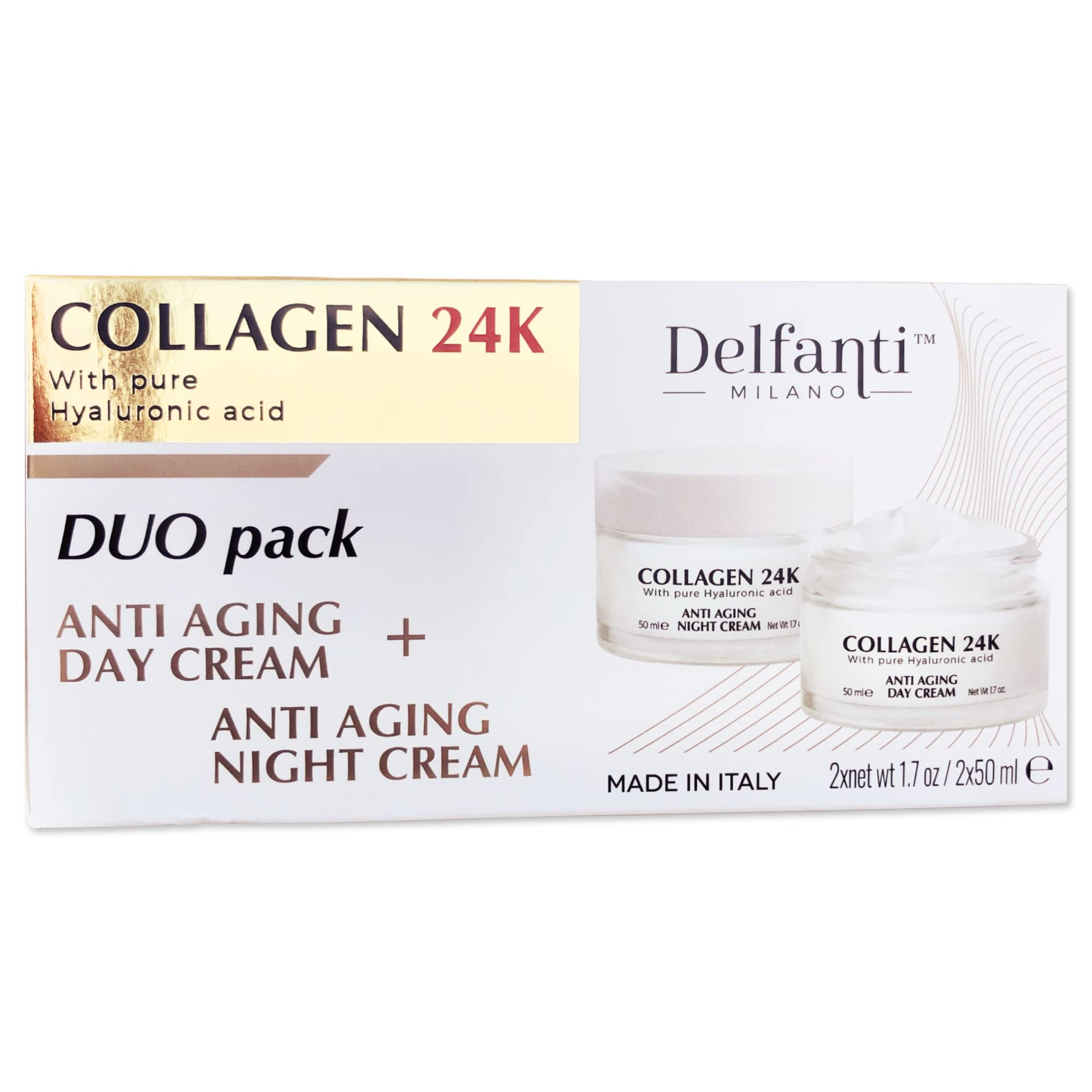 Delfanti-Milano Collagene 24K crème jour texture riche pour peau radieuse.