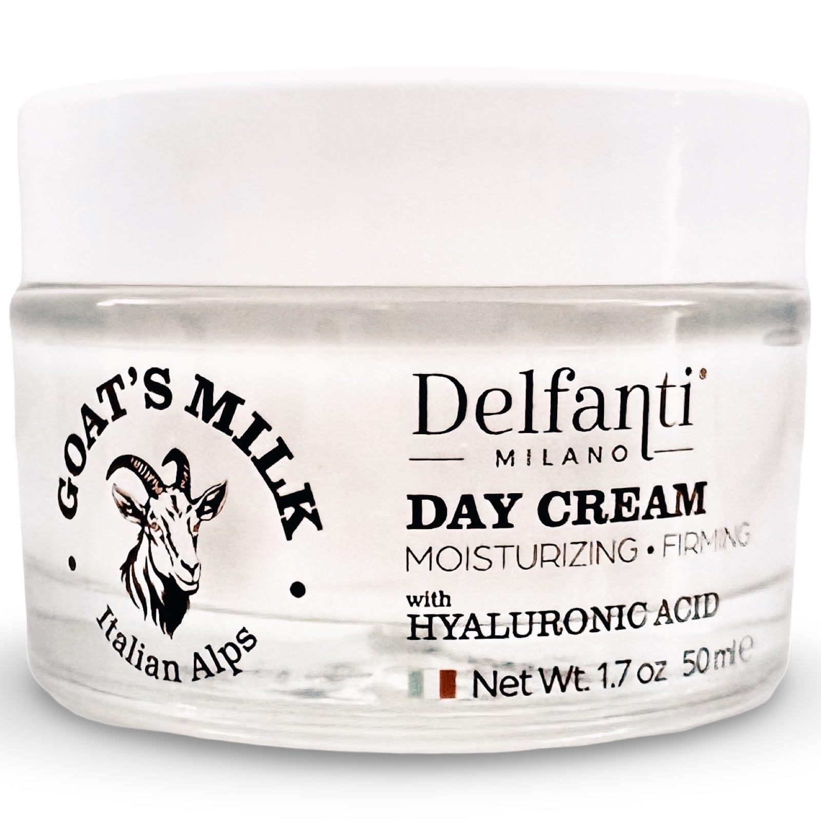 Delfanti-Milano goat's milk hyaluronic day cream for face and neck, deeply hydrating and soothing.