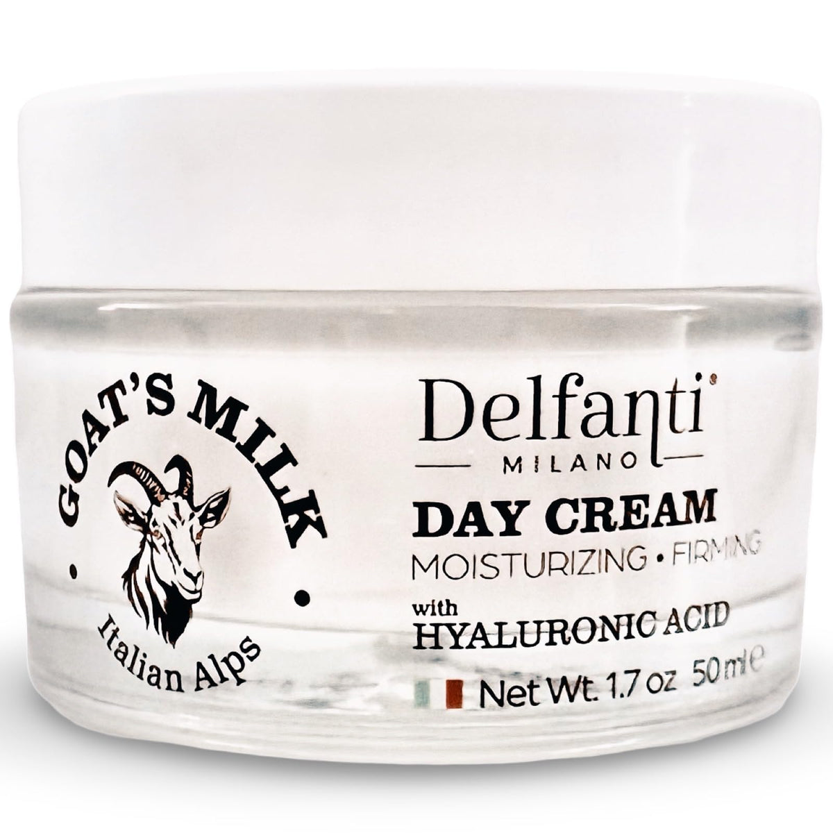 Delfanti-Milano goat's milk hyaluronic day cream for face and neck, deeply hydrating and soothing.