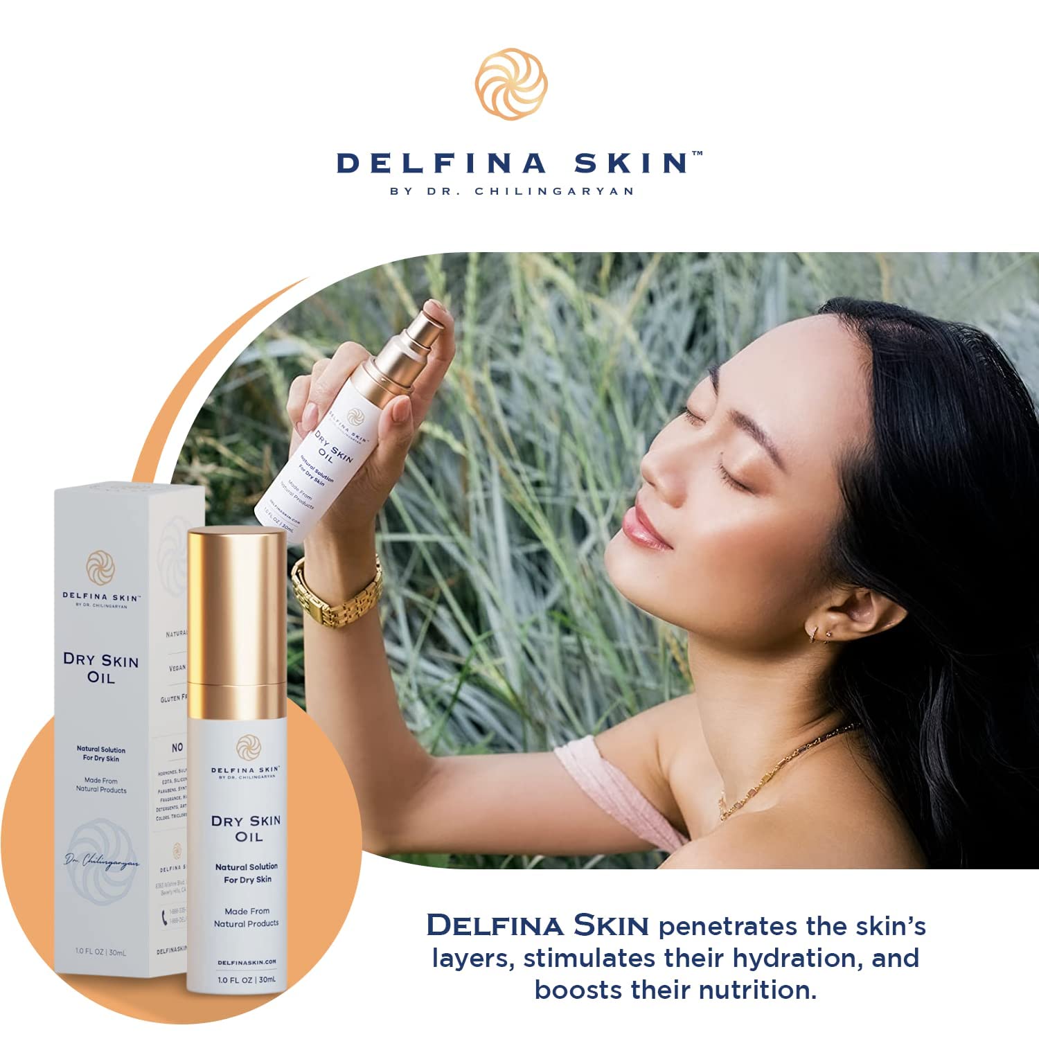 Delfina Skin – huile sans alcool, adaptée aux peaux sensibles.