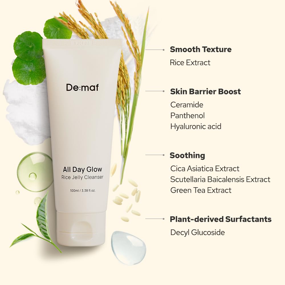 De:maf All Day Glow Rice Jelly Cleanser – extrait de riz à 56,8 %, douceur et éclat naturel.
