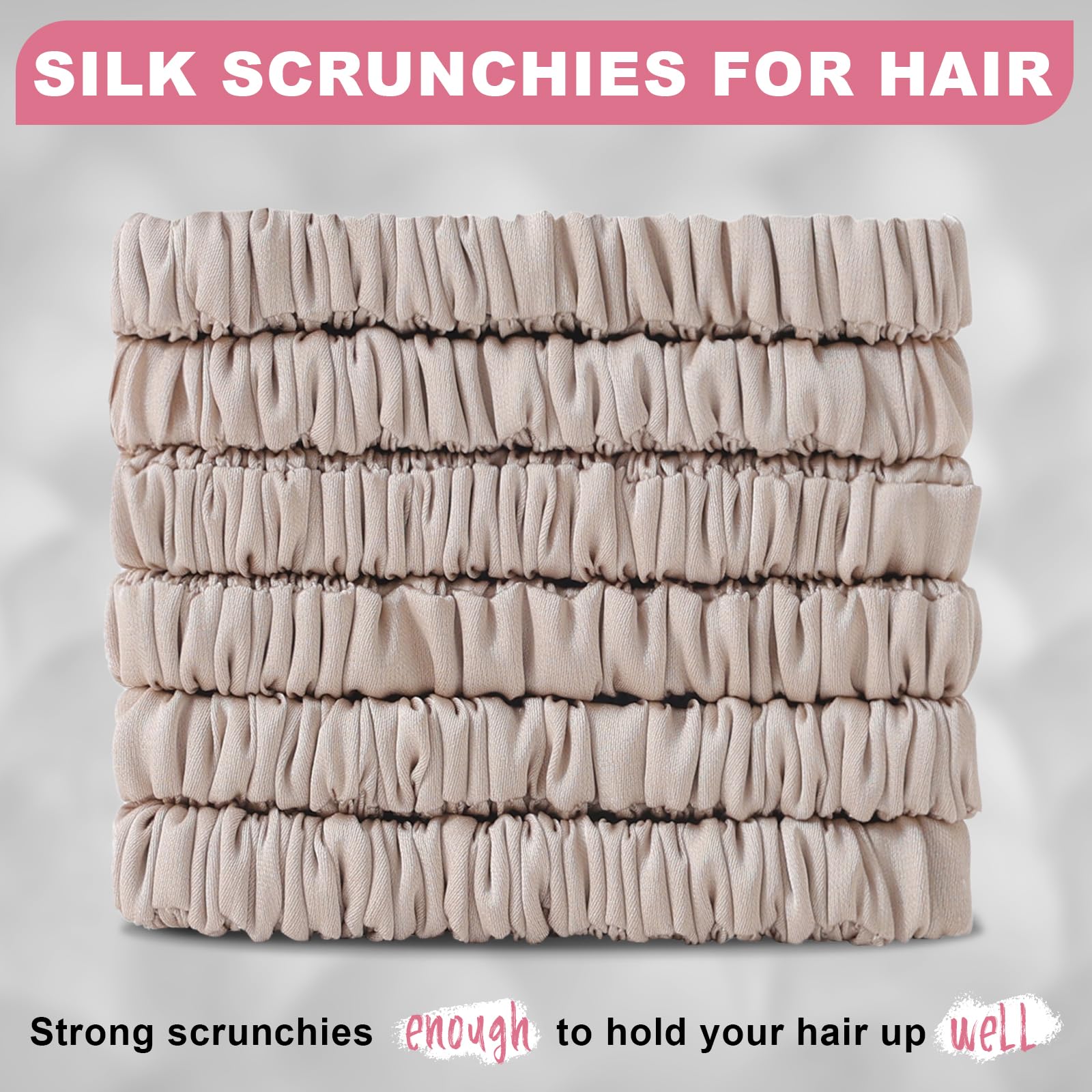Scrunchies DEMAZALO en soie rose pâle, parfaits pour coiffures délicates et élégantes.