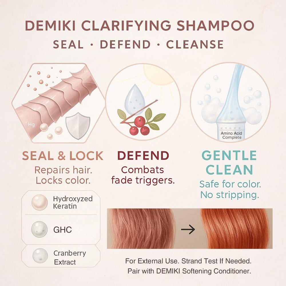 DEMIKI Shampooing pellicules, cuir chevelu apaisé et résidus réduits.