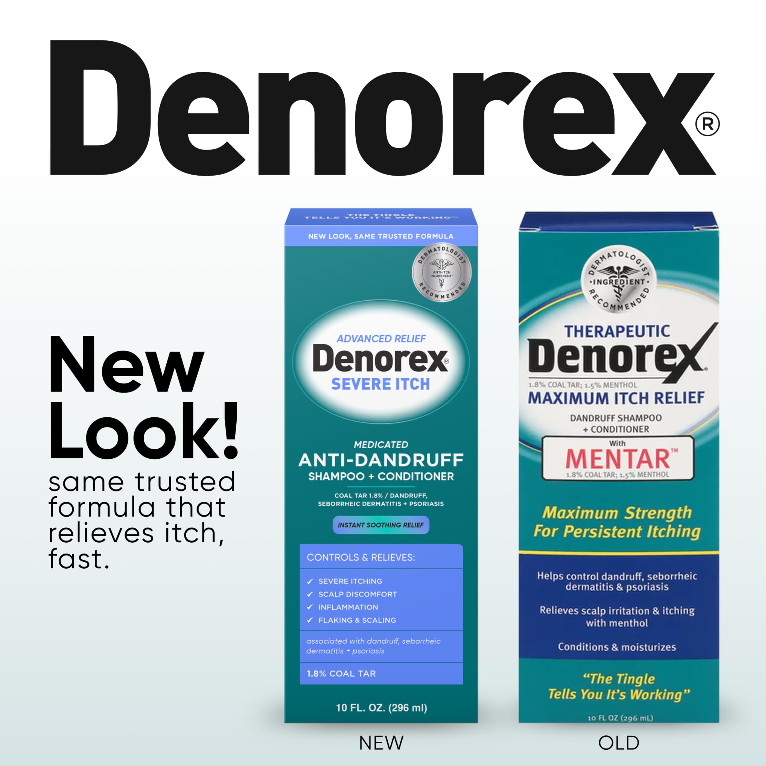 Pouring Denorex Advanced Relief for easy application on itchy scalp