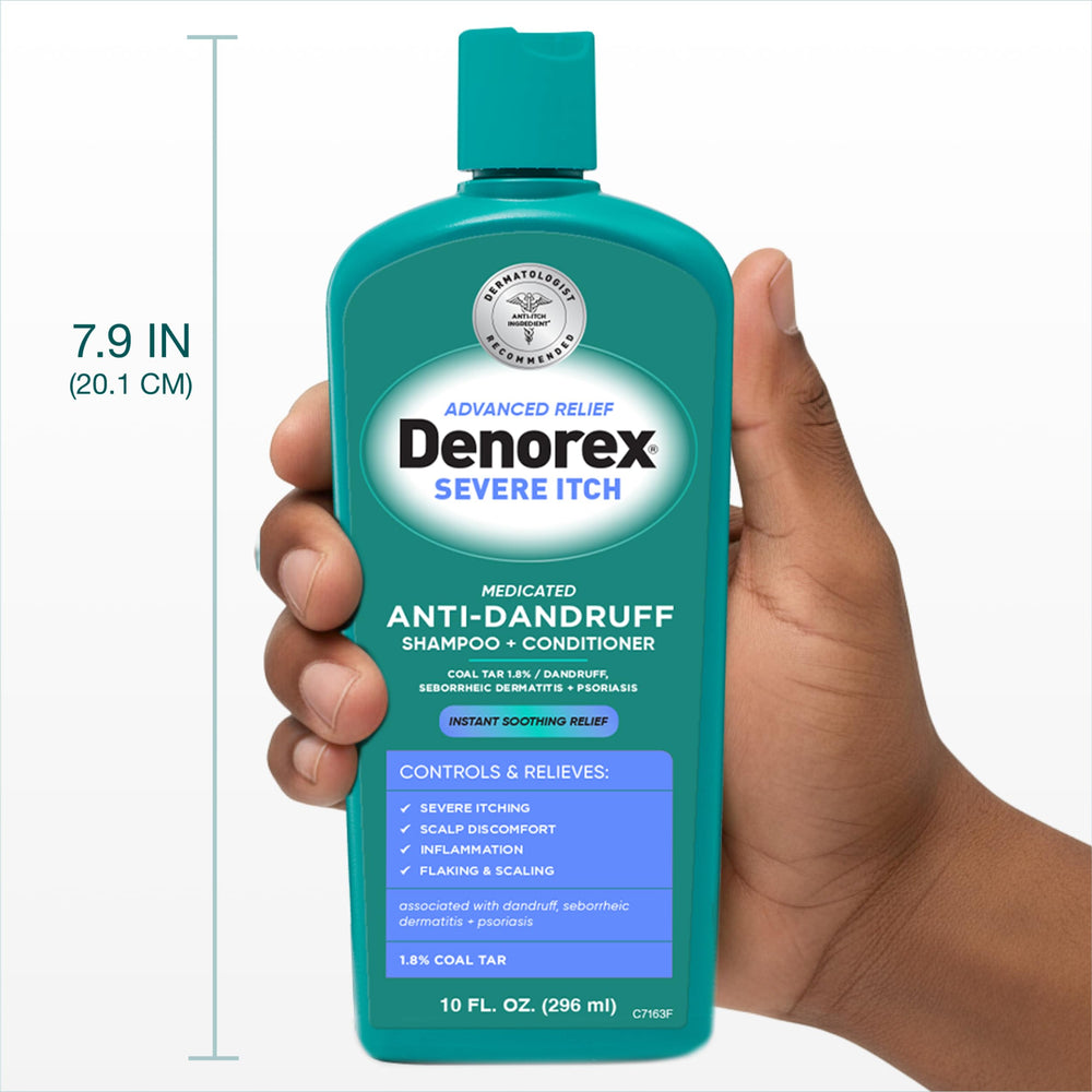 Scalp close-up showing reduced flakes after using Denorex Advanced Relief