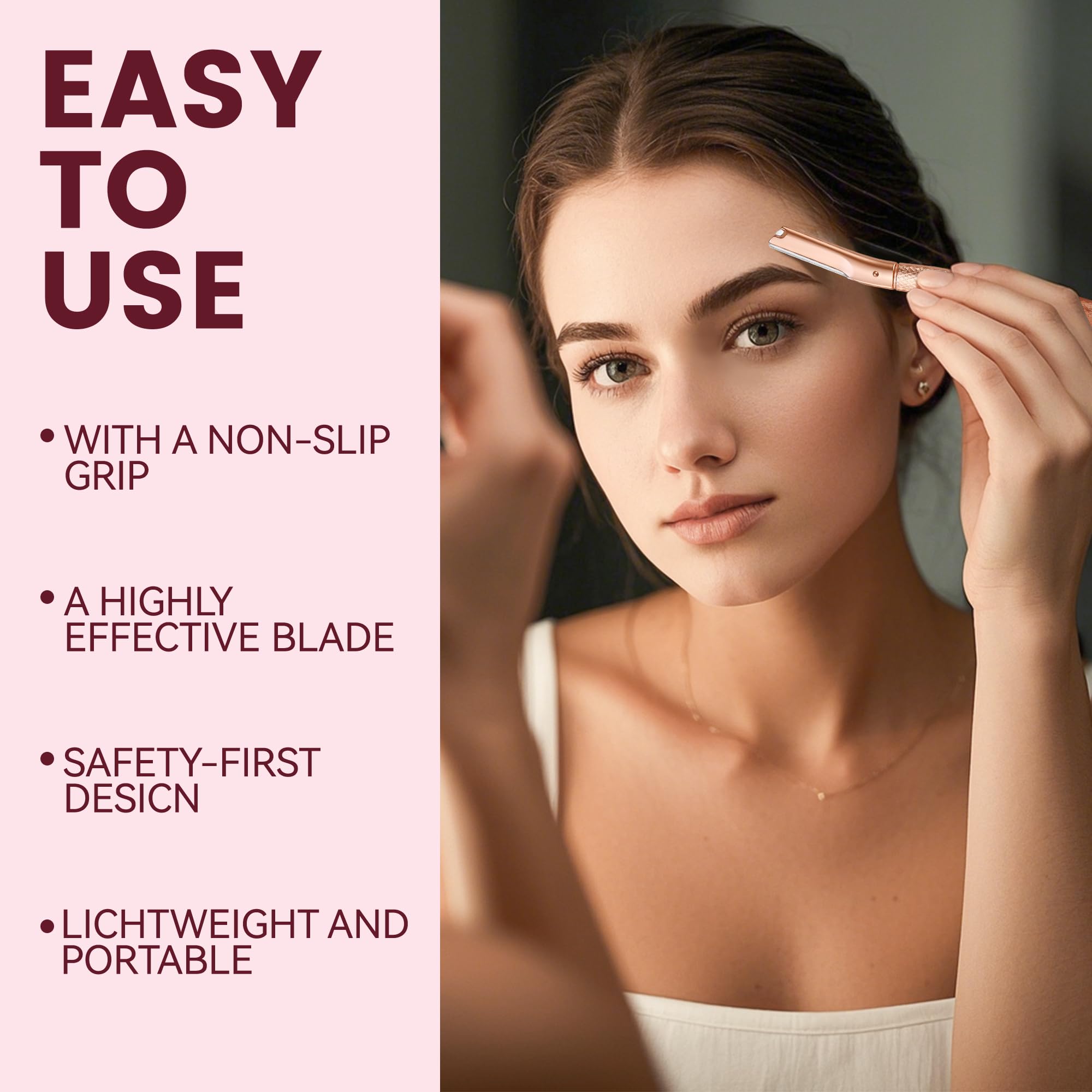 Rasoir Derloyo rose doré, peau prête au maquillage après dermaplanage.