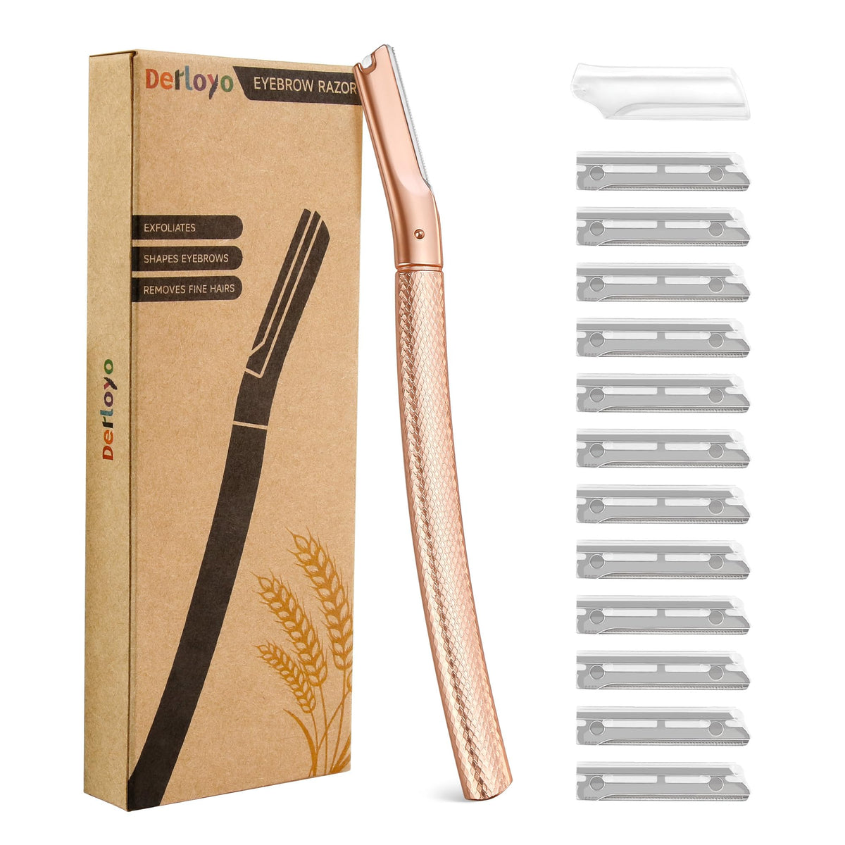Rasoir Derloyo visage et sourcils rose doré pour dermaplanage efficace et peau lisse.