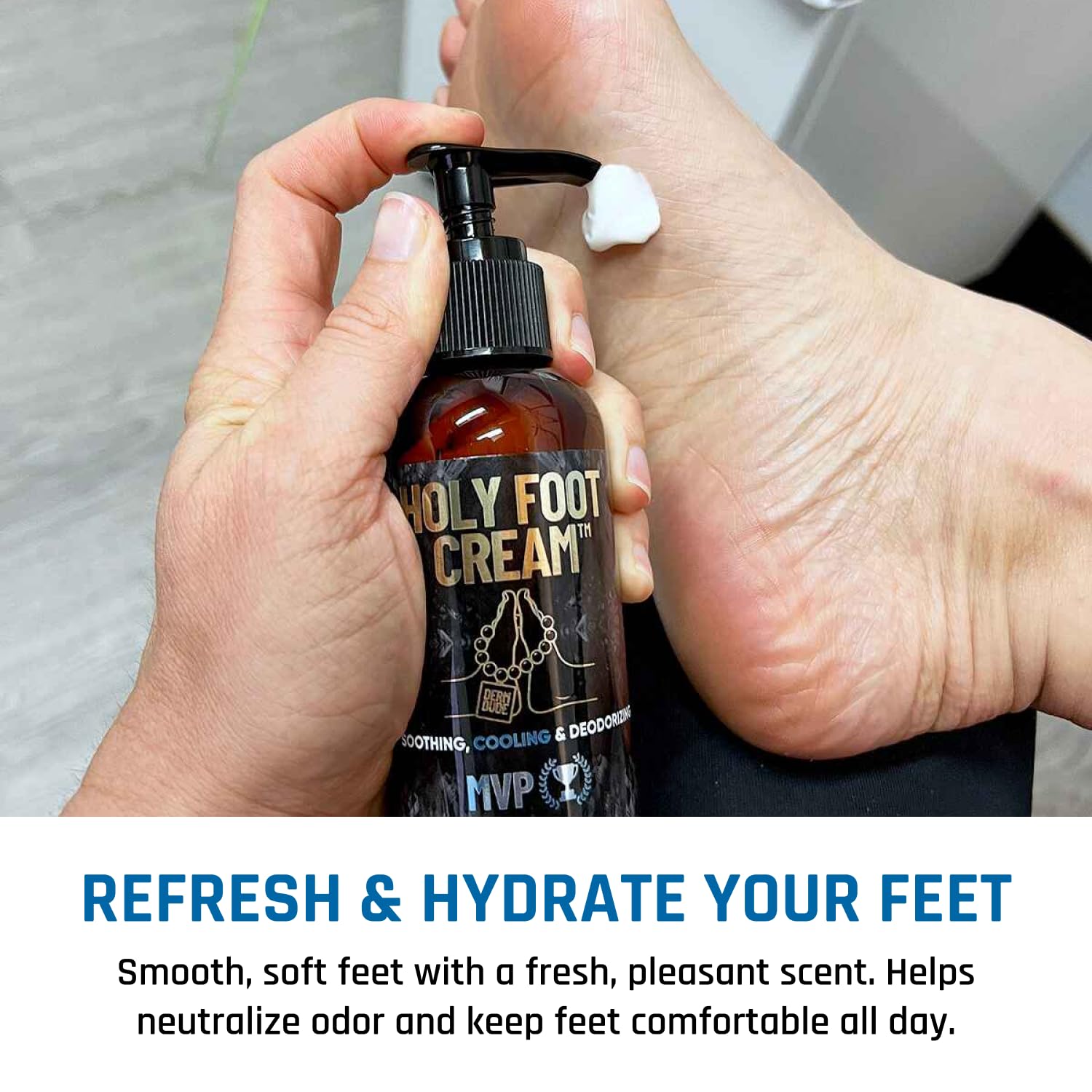 Derm Dude Holy Foot Cream 4 oz packaging illustrating compact travel-friendly size.