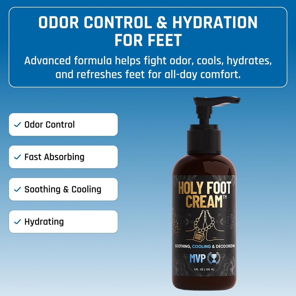 Derm Dude Holy Foot Cream DeoPlex badge signaling lasting freshness.