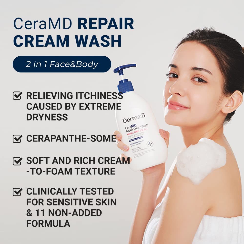 Derma B CeraMD Repair Cream Wash montre sa texture crème-mousse pour une application agréable.