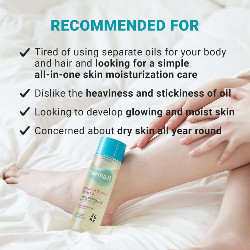 Derma B après-douche huile corps et cheveux pour soin polyvalent.