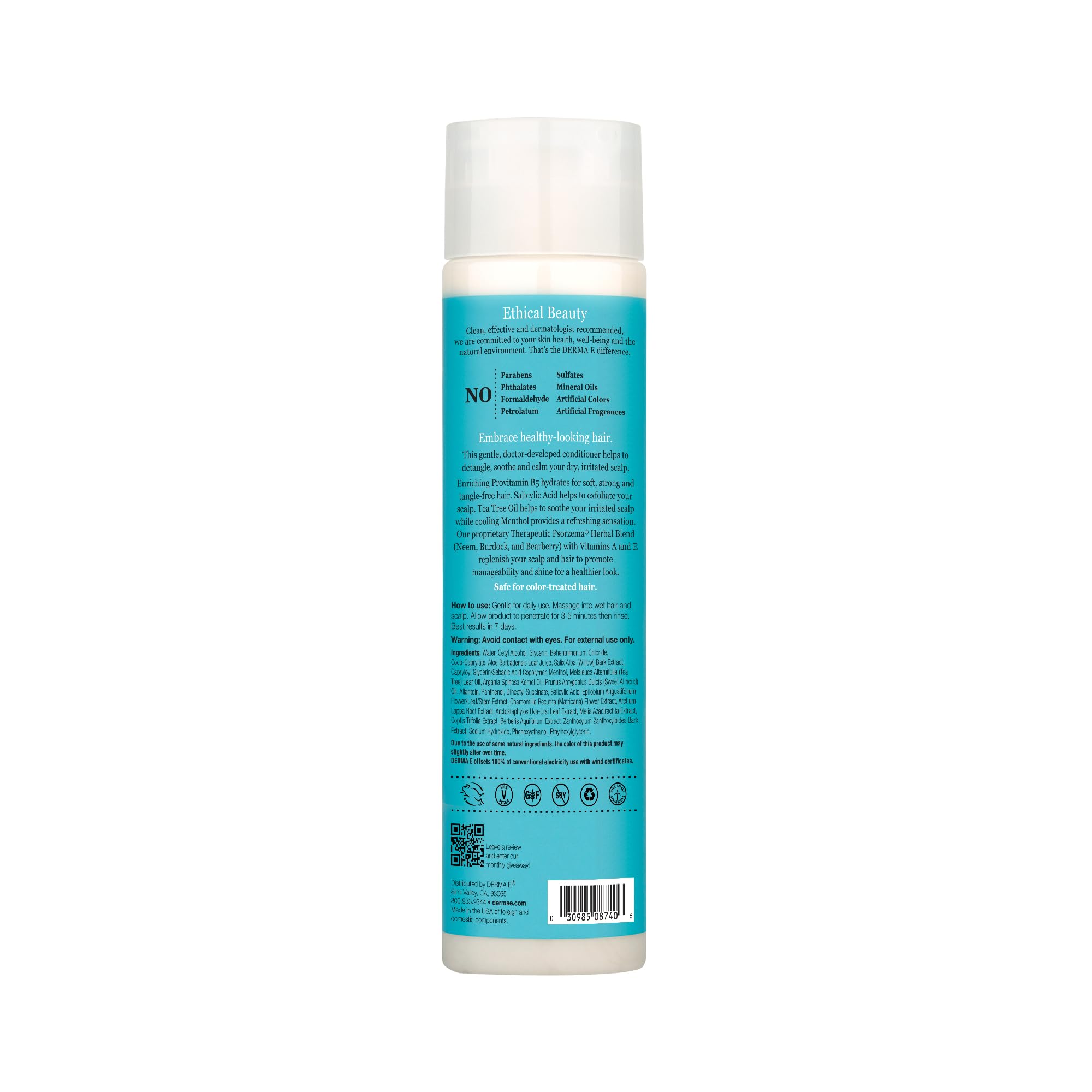 DERMA E conditionneur-relief étiquette indiquant sans parabènes ni sulfates.