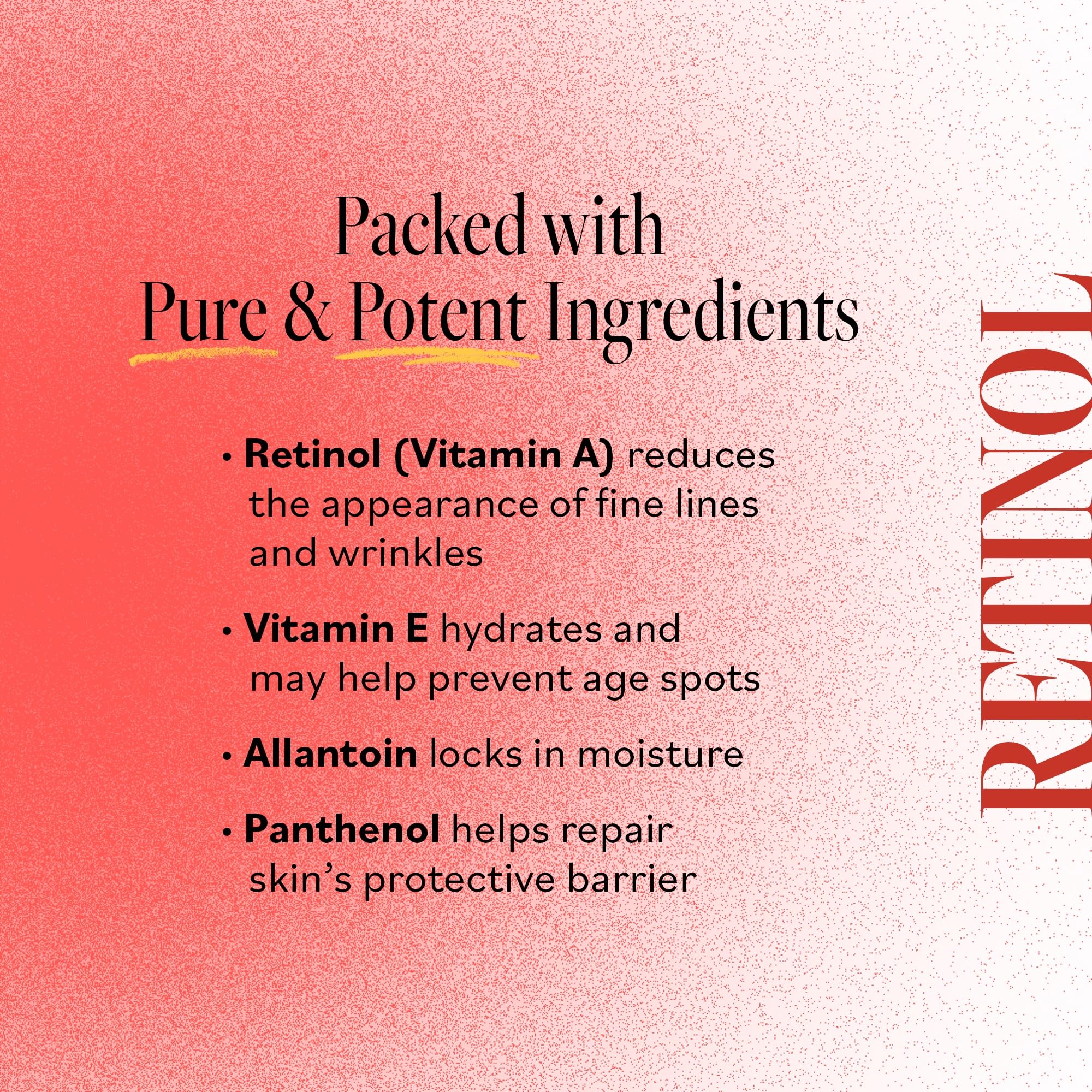 Ingrédients Derma E: vitamine A et antioxydants pour soutien cutané.