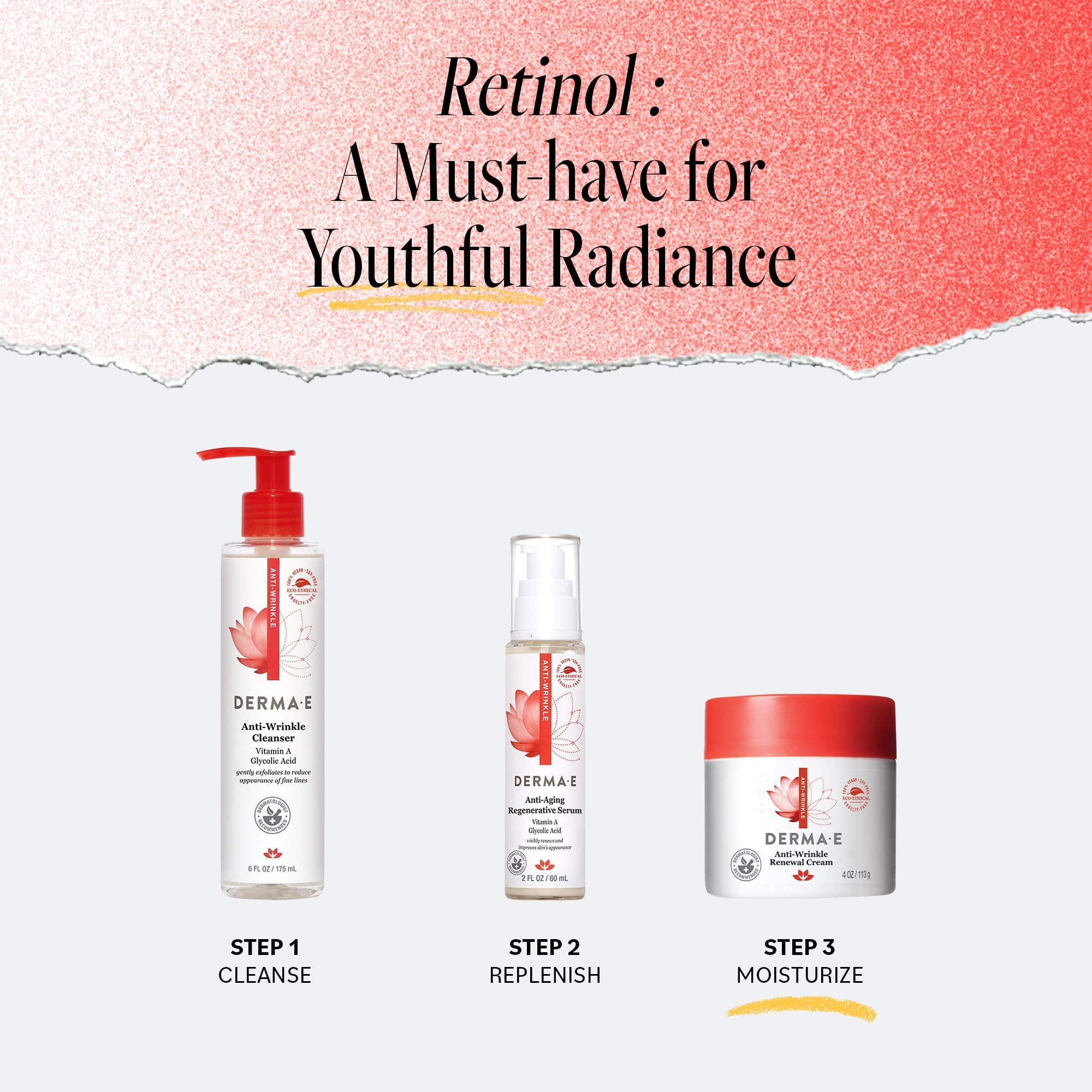 Texture onctueuse Derma E Anti-Rides, absorption rapide.