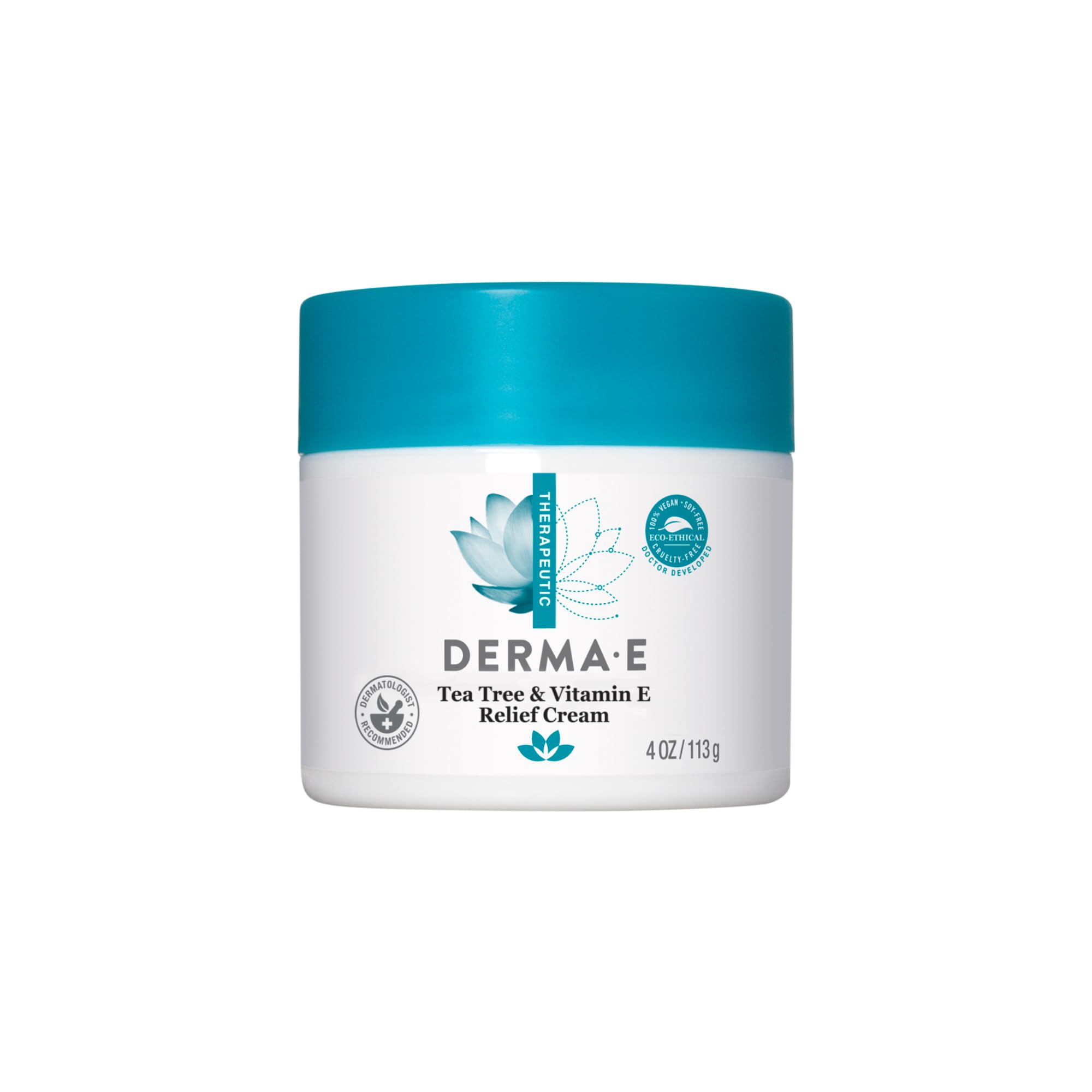 Crème Derma E Arbre à Thé et Vitamine E, flacon visible, hydratation apaisante.