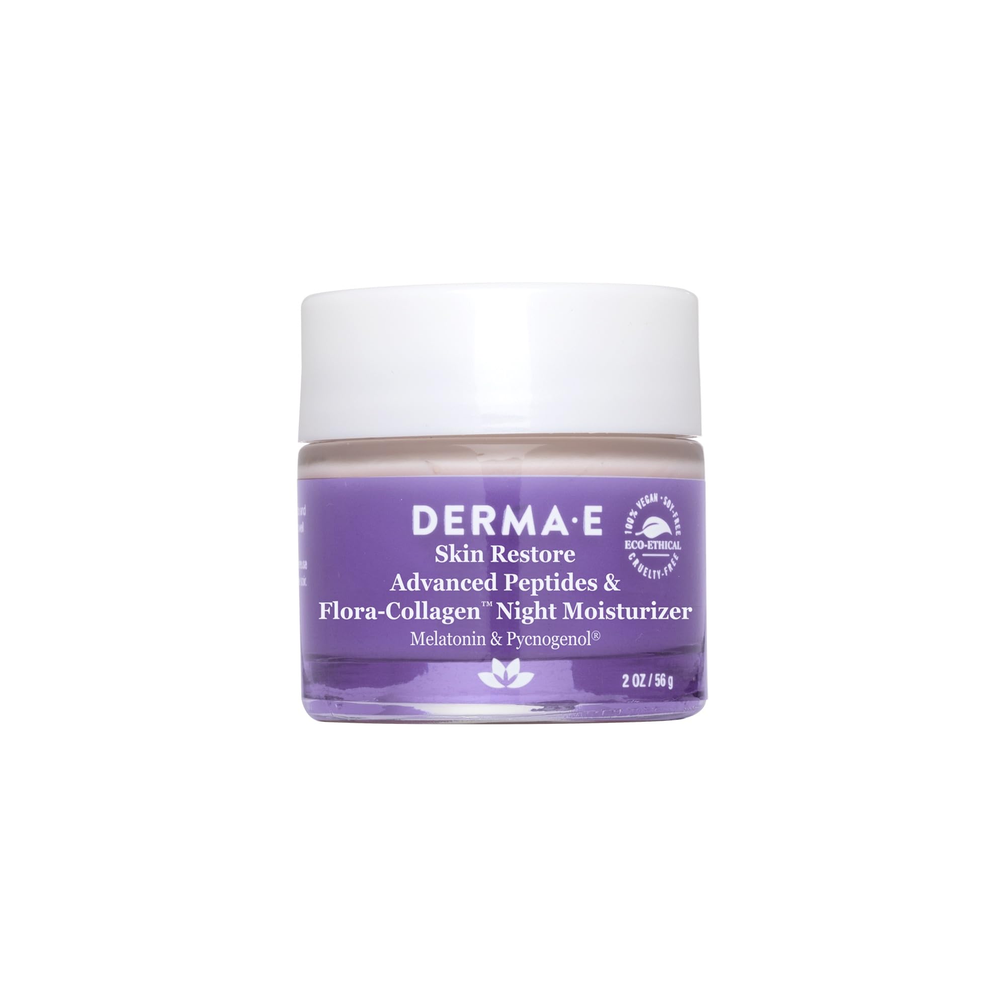 Derma E Crème Nuit Peptides Flora-Collagen en bouteille, hydratation durable pour la peau.