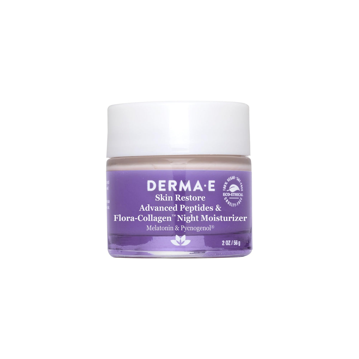 Derma E Crème Nuit Peptides Flora-Collagen en bouteille, hydratation durable pour la peau.