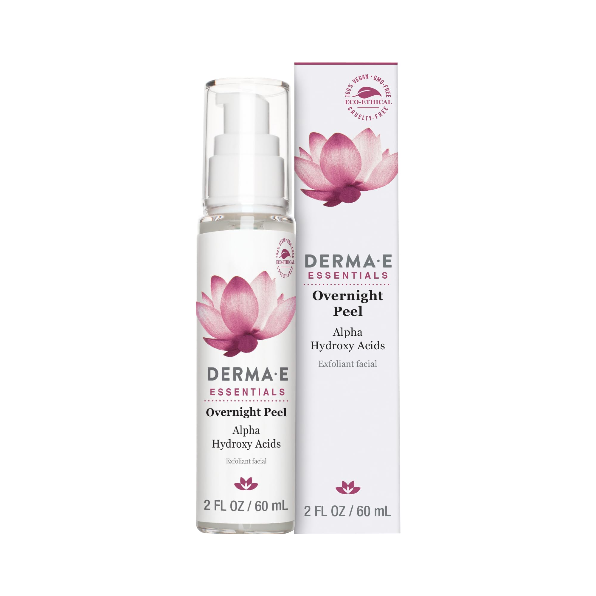 DERMA E Overnight Peel: flacon illustrant le soin nocturne qui éclaire la peau.