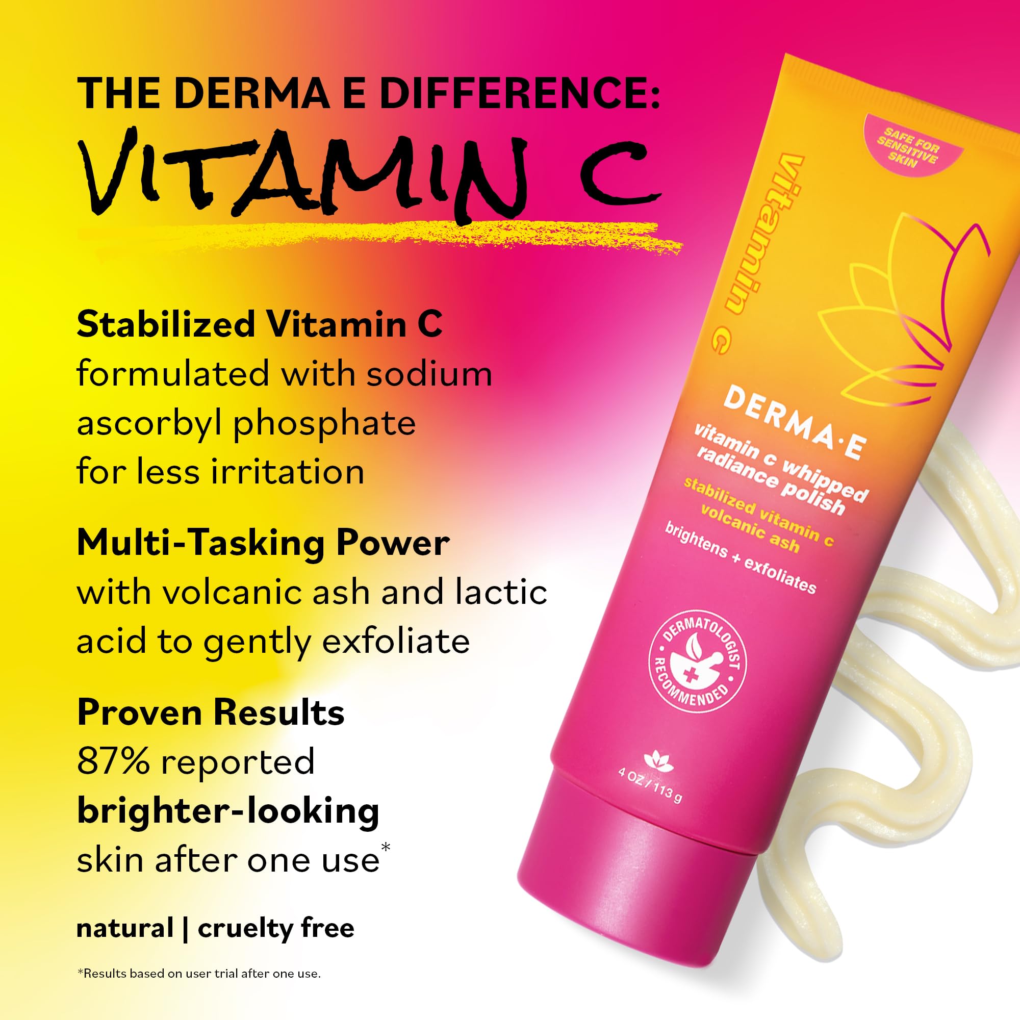 DERMA E exfoliation acide lactique, action douce et efficace.