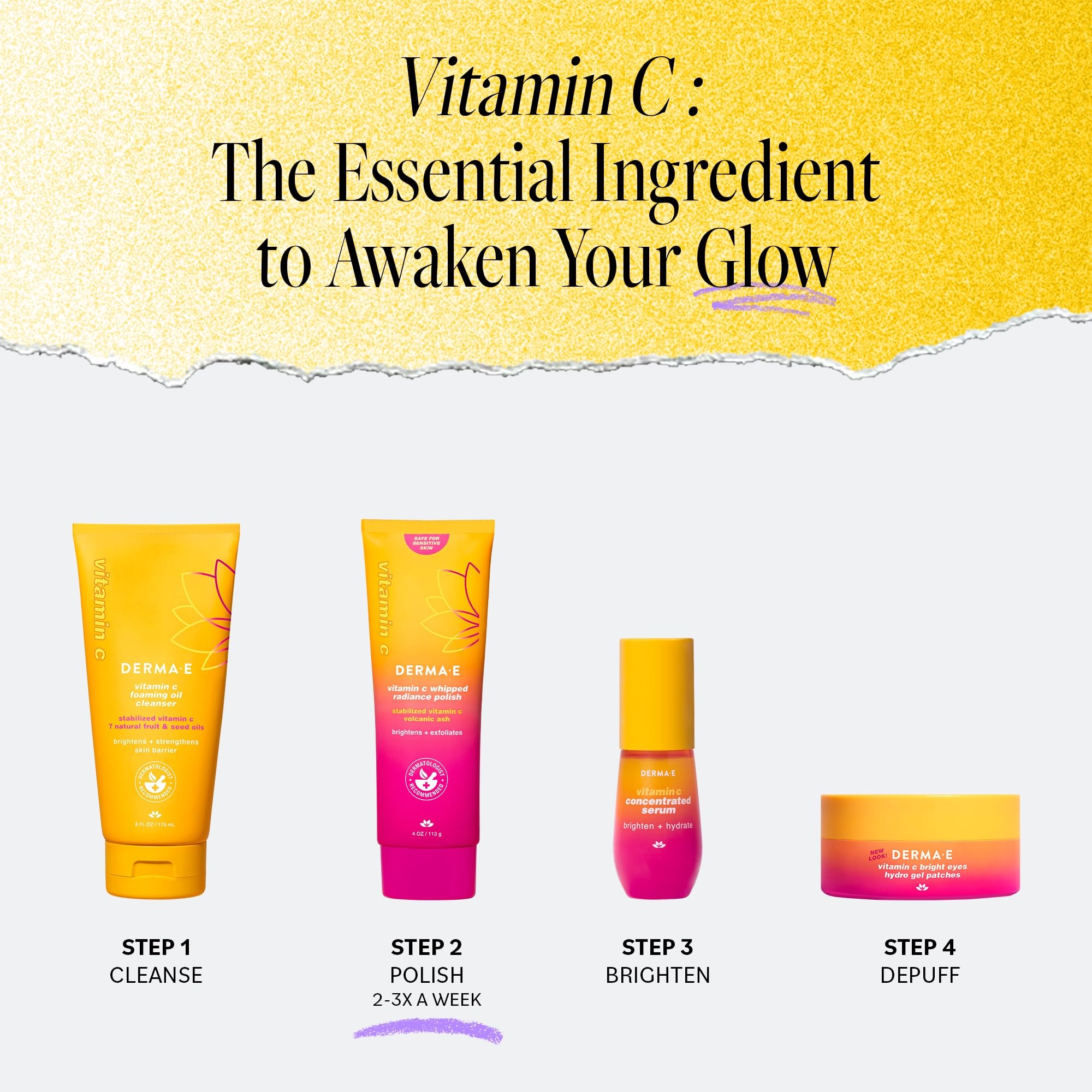 DERMA E soin peau sensible, exfoliation douce et respectueuse.
