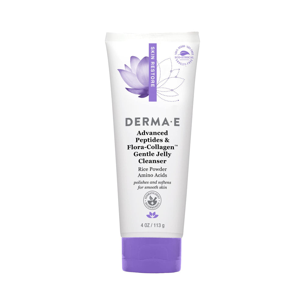 Derma E Advanced Peptides et Flora-Collagen, gel nettoyant visage, révèle éclat et hydratation.