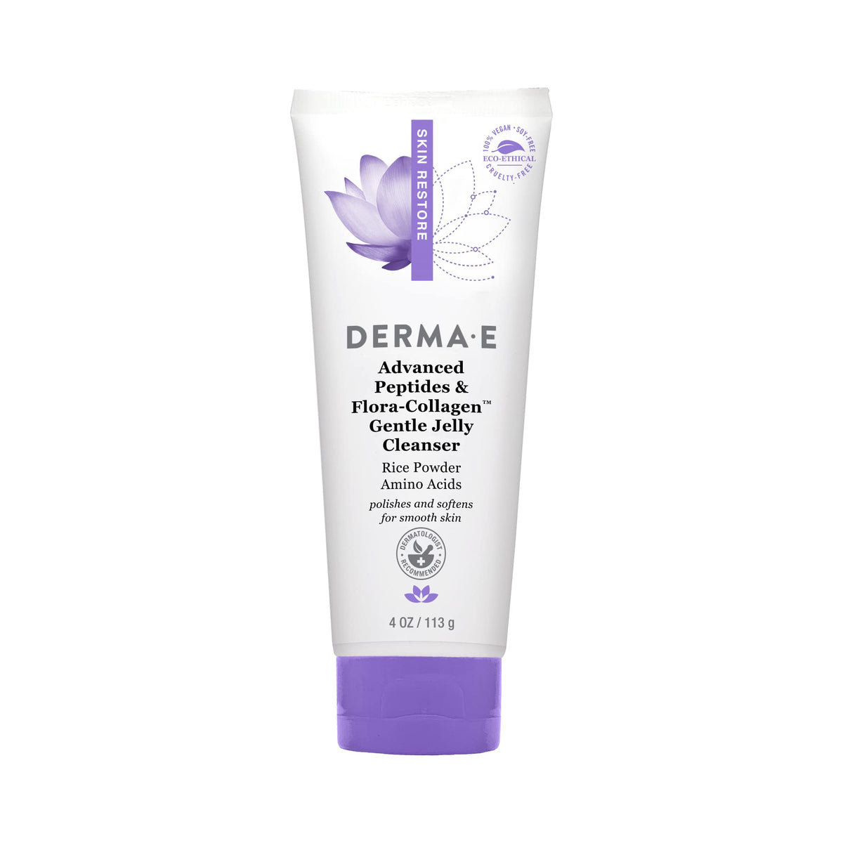 Derma E Advanced Peptides et Flora-Collagen, gel nettoyant visage, révèle éclat et hydratation.