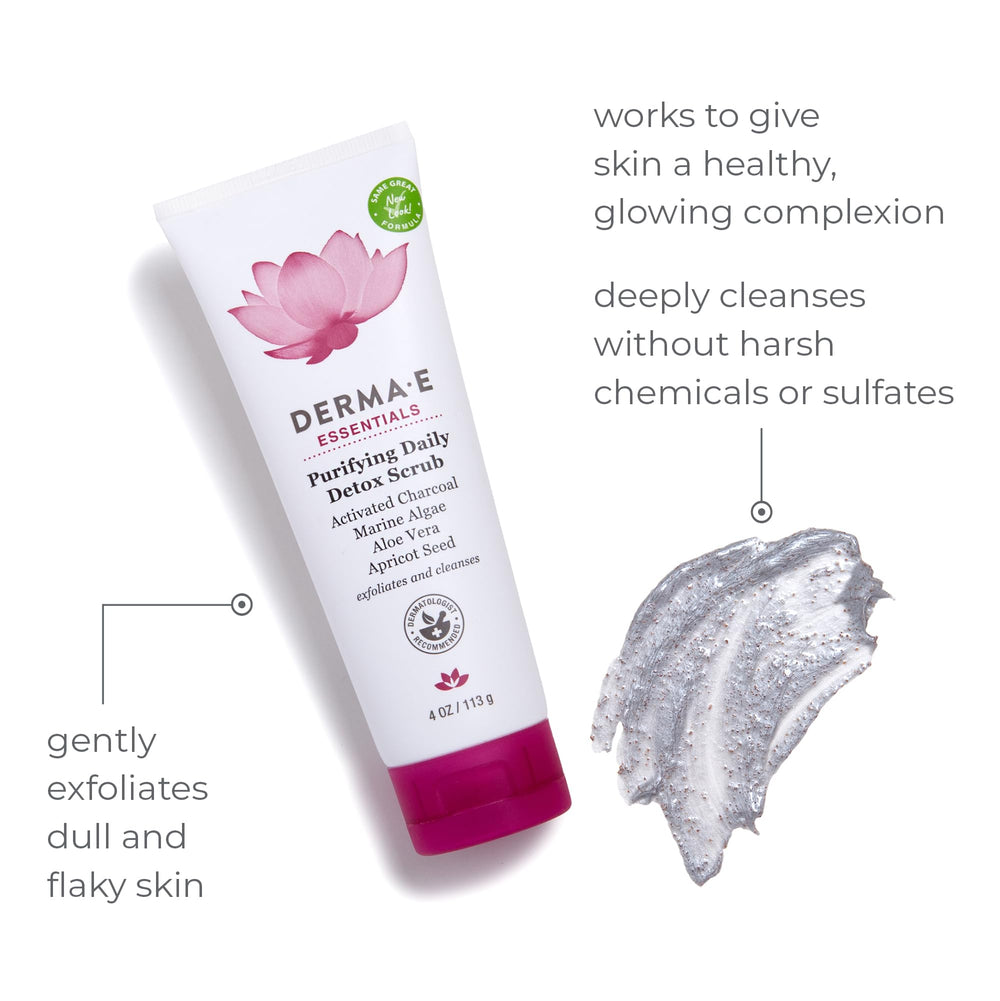 DERMA E gommage purifiant quotidien au charbon actif absorbe les impuretés de la peau