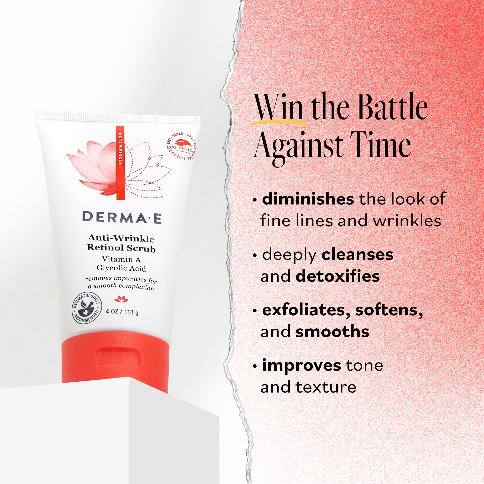 DERMA E grains d'abricot: exfoliation douce qui élimine les impuretés et renouvelle la peau.