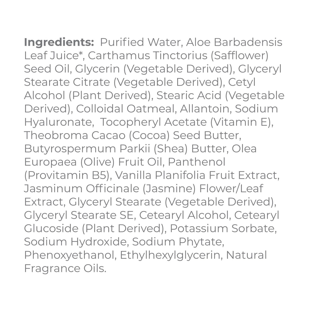 Ingrédients naturels Derma E Jasmine et Vanille pour nourrir la peau.