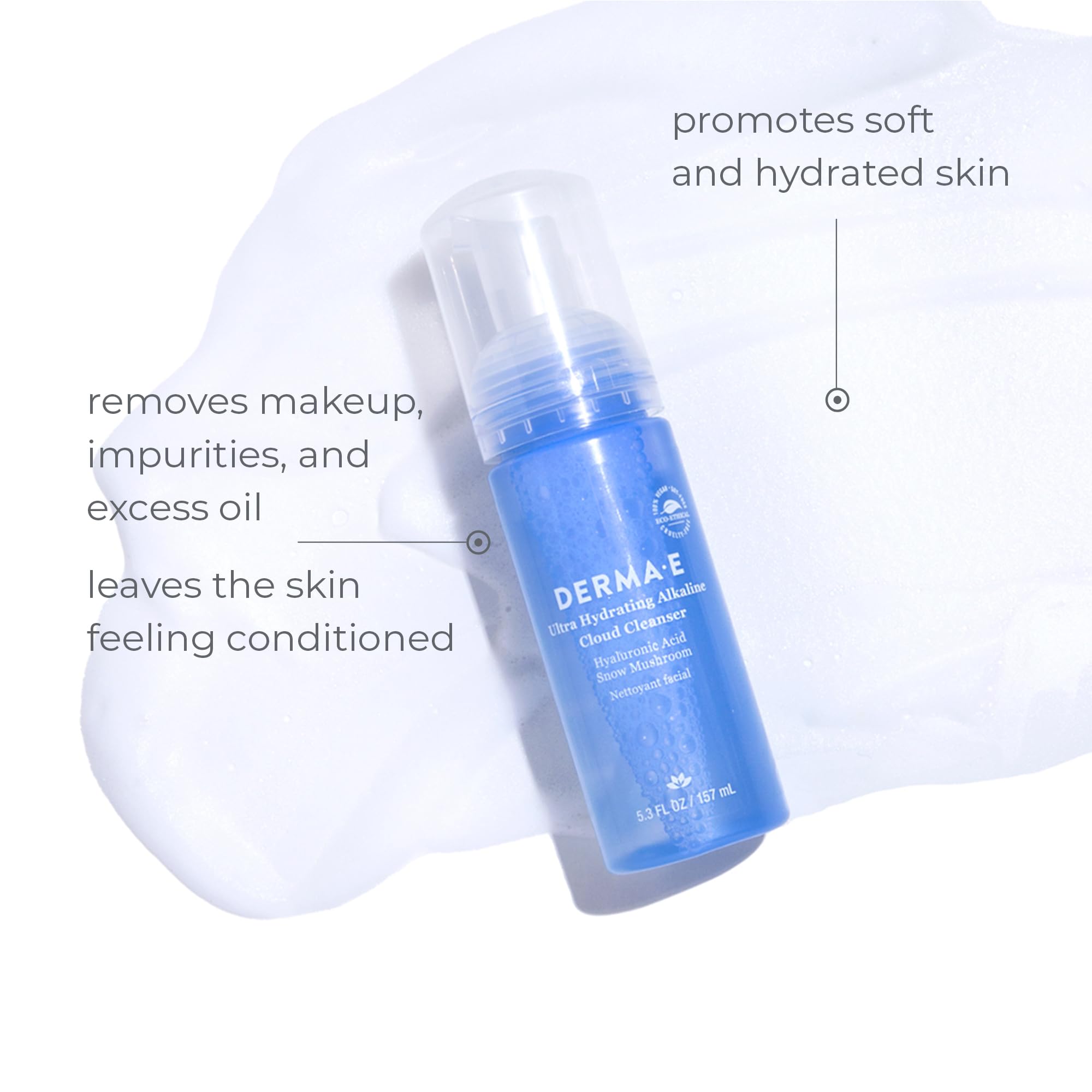 Derma E nettoyage quotidien mousse hyaluronique, hydratation durable après lavage.