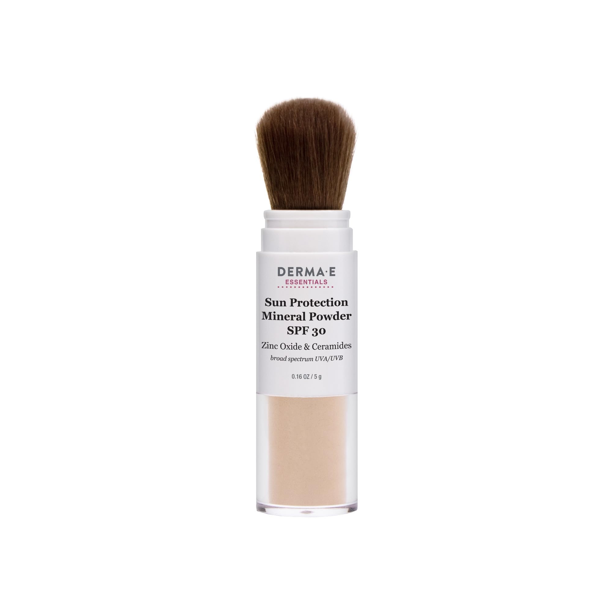 Poudre minérale Derma E pour le visage avec SPF 30, application ciblée et tenue longue durée.