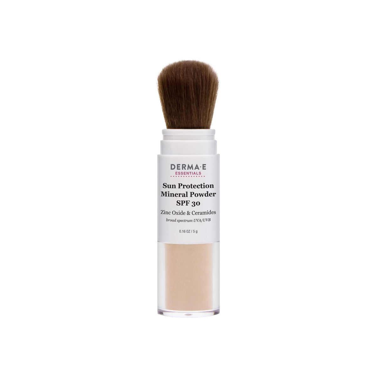 Poudre minérale Derma E pour le visage avec SPF 30, application ciblée et tenue longue durée.