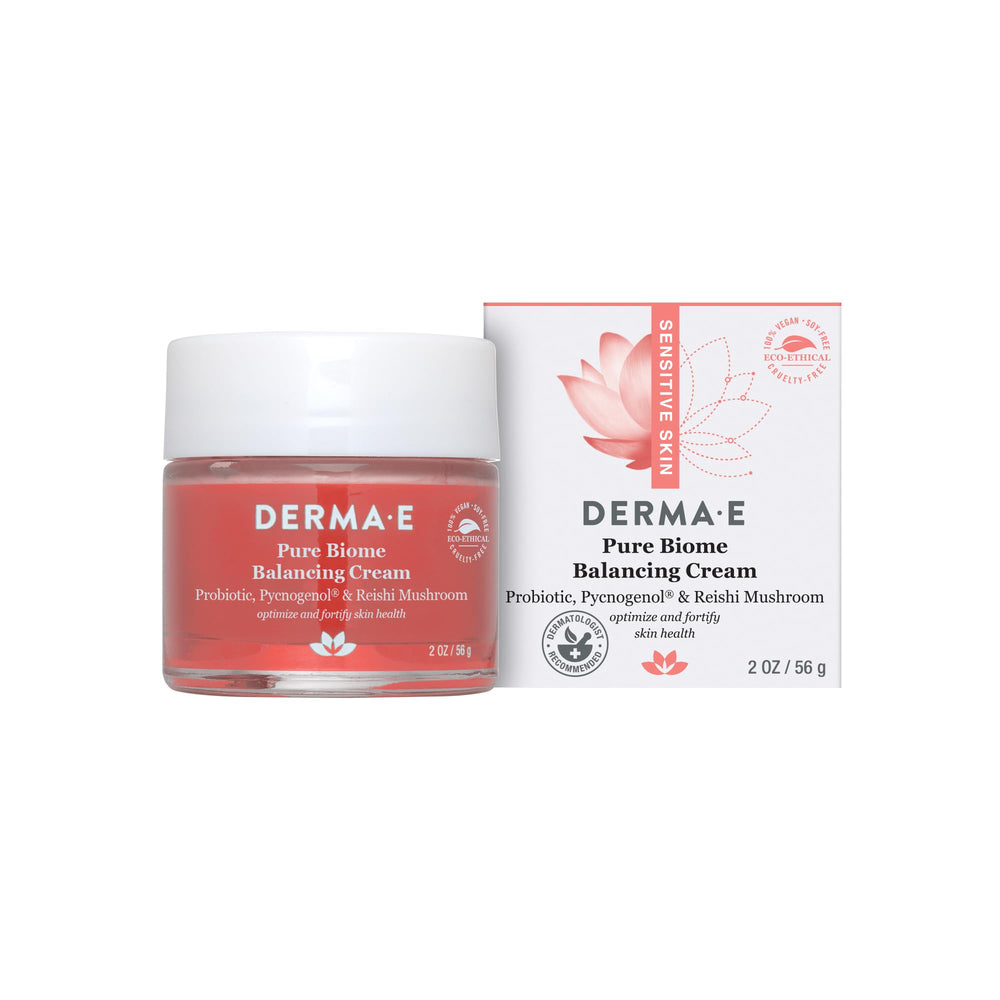 Derma E Pure Biome Balance crème visage bouteille montrant l’hydratation et l’équilibre possible.