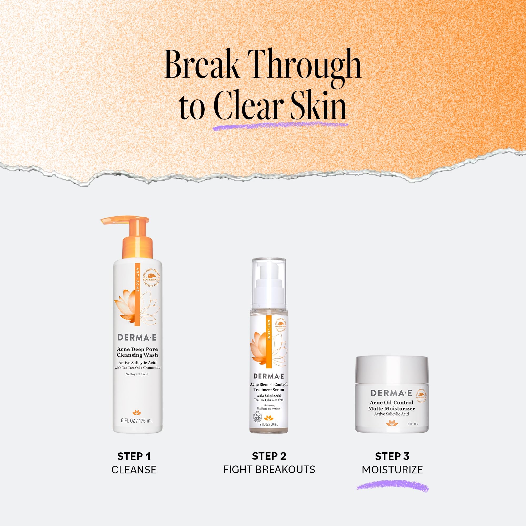 DERMA E: routine matin et soir pour peau équilibrée.