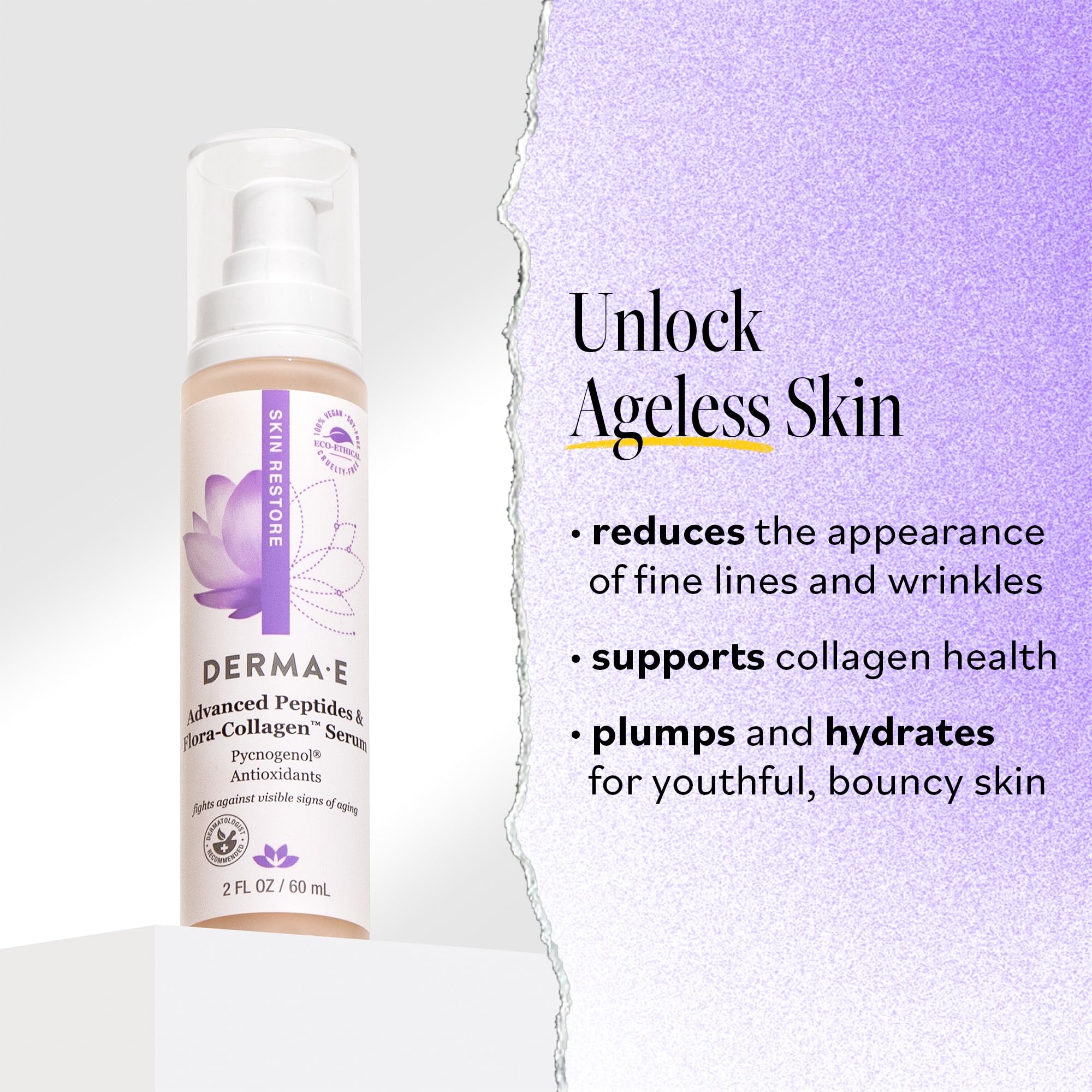 DERMA E Sérum Peptides Flora-Collagen, application visage et cou, absorption rapide.