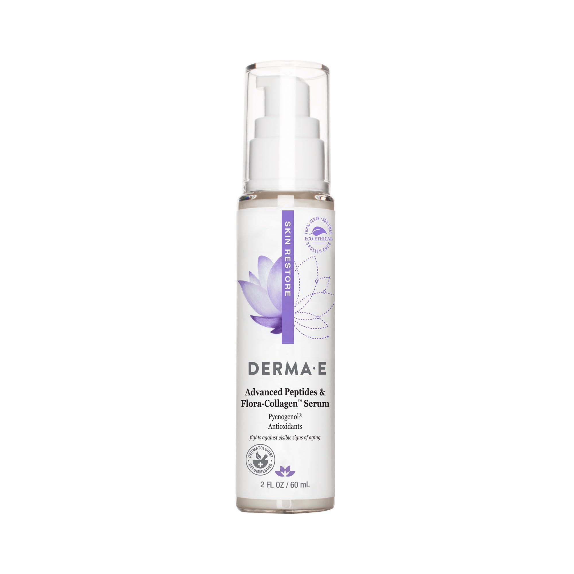 DERMA E Sérum Peptides Flora-Collagen, flacon, hydratation renforcée et peau plus souple.