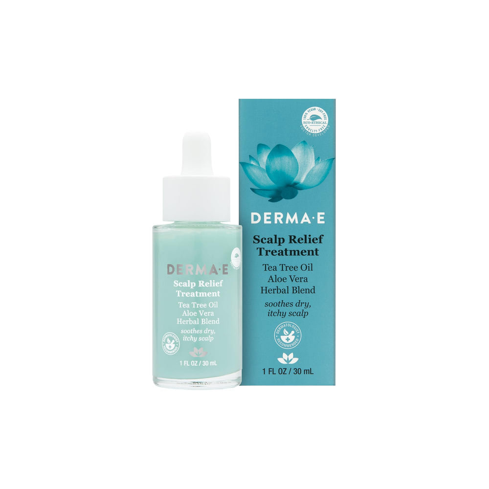 DERMA E Soin Relief Cuir Chevelu, flacon pompe, hydratation ciblée.