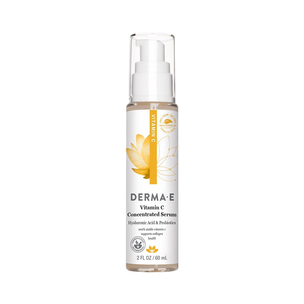 Derma E Serum vitamine C, bouteille lumineuse, hydratation et éclat potentiels.