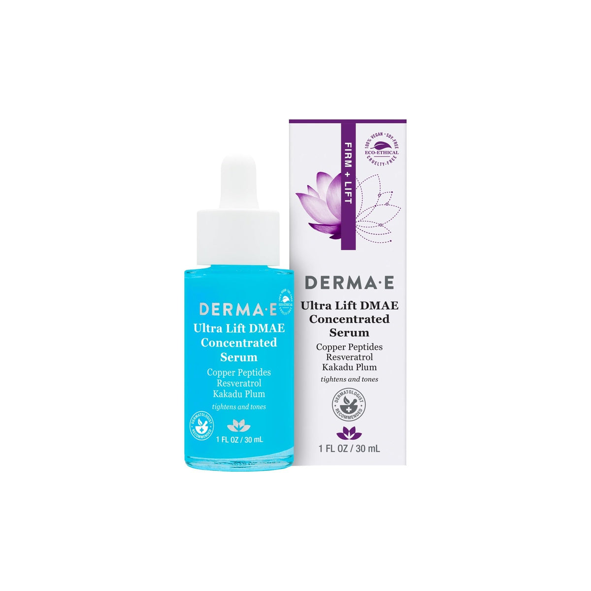 Sérum Derma E Ultra Lift dans sa bouteille, texture légère pour peau tonifiée