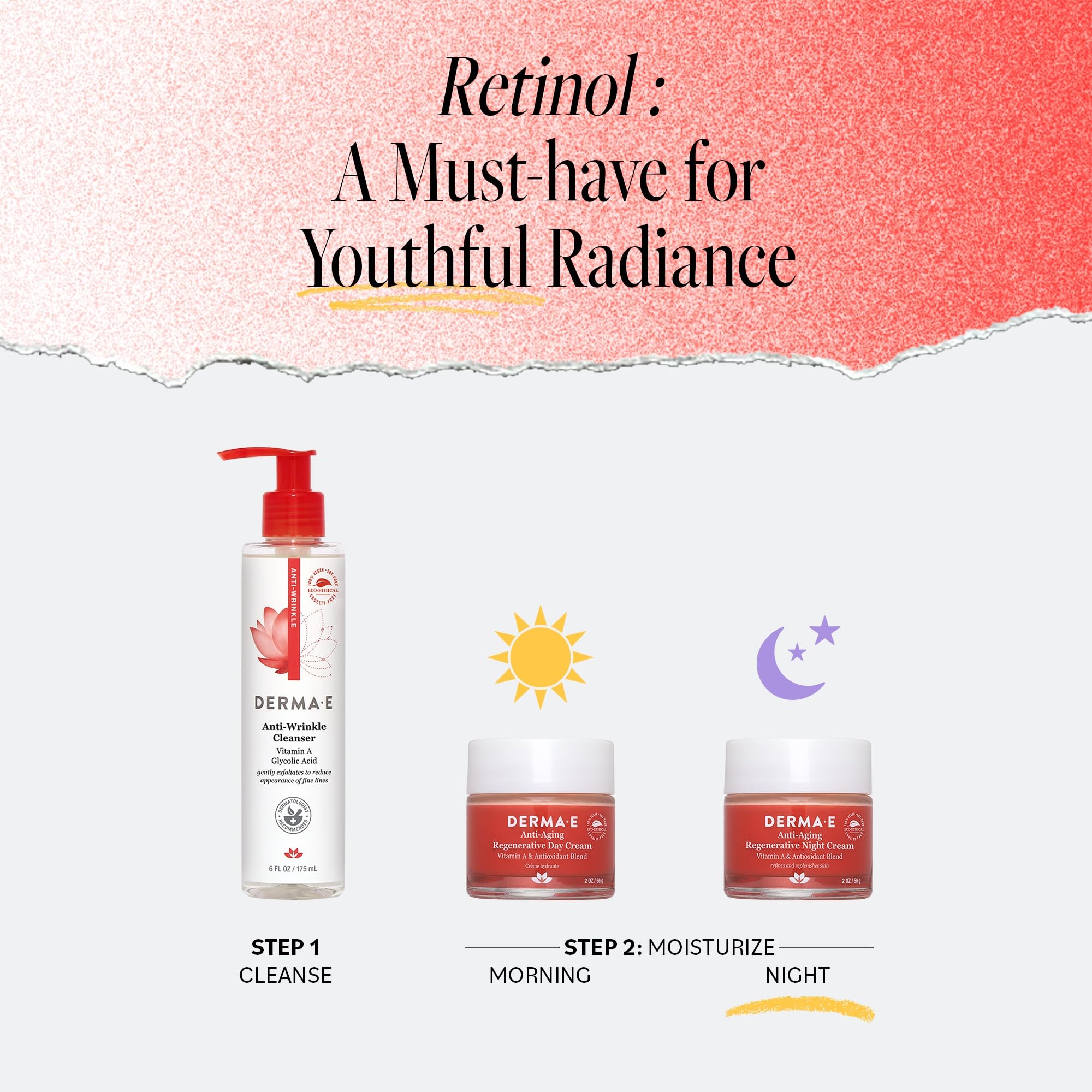 Vitamine A et E Derma E soutien la régénération et l’hydratation.