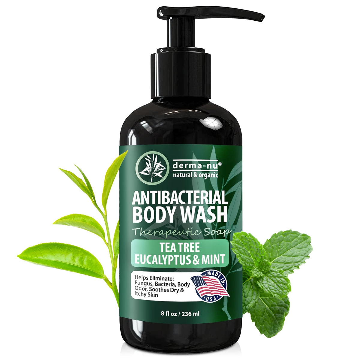 Derma-Nu antibacterial body wash bottle pour for easy daily cleansing and odor control.