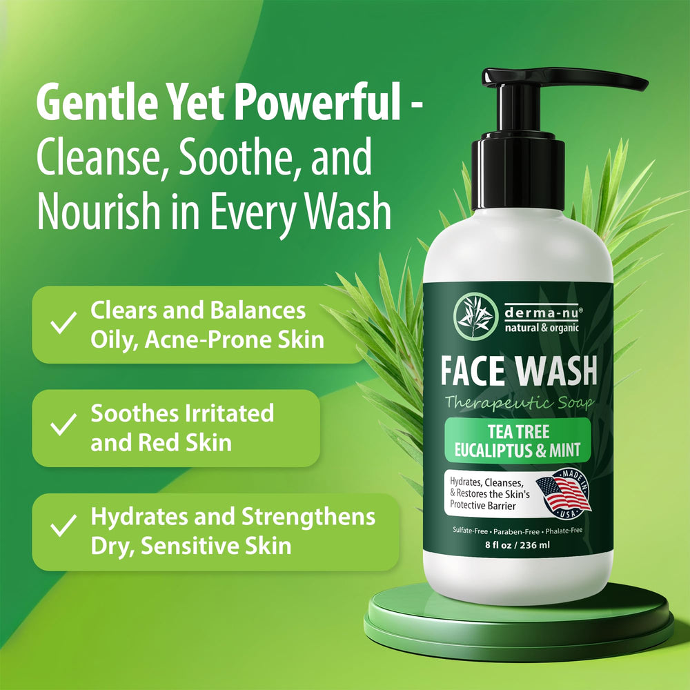 Morning routine shot featuring Derma-Nu Gentle Face Wash made in USA